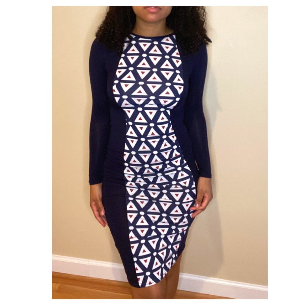 Mid-Length, Long Sleeved, Navy Blue Dress